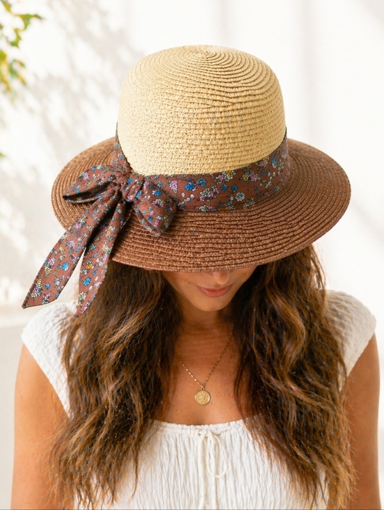 Royal Road Trading Co Accessories - Royal Road Trading Co Straw Hat Floral Bow Wide Brim Summer Cottagecore